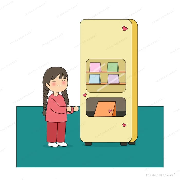 Girl smiling as she takes an orange packet from the vending machine tray