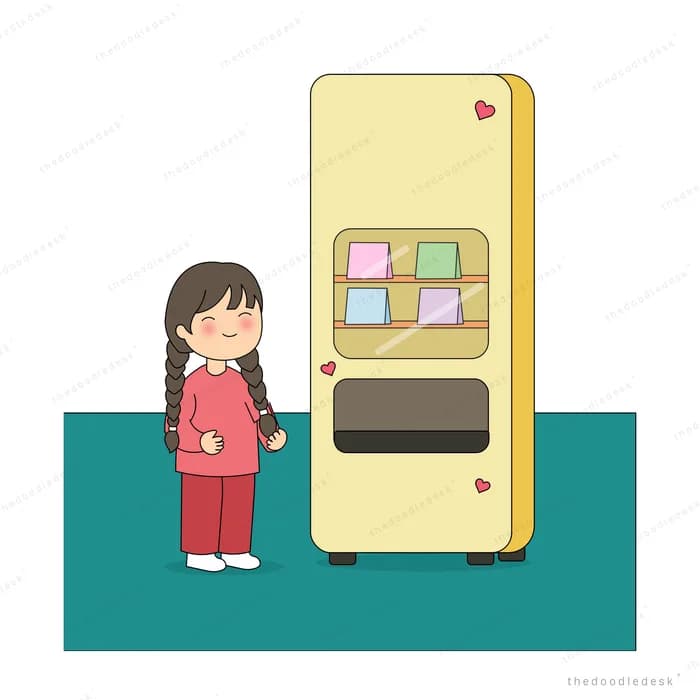 Girl standing empty-handed beside a yellow vending machine