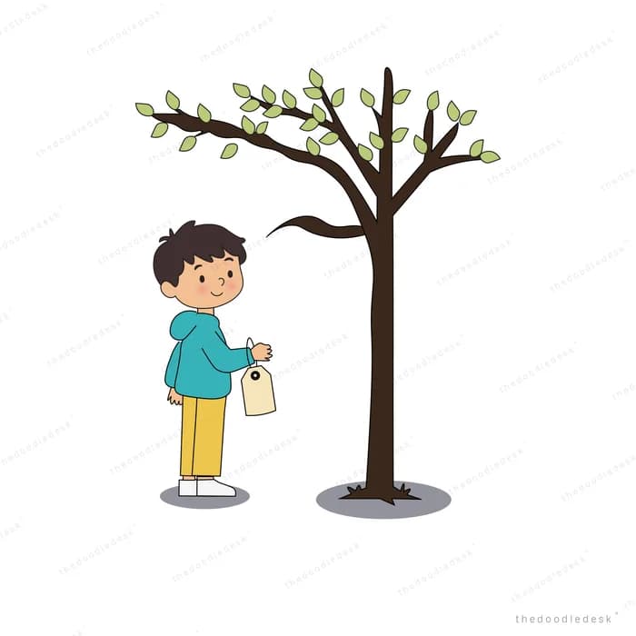 Boy holding a paper wish tag beside a young leafy tree