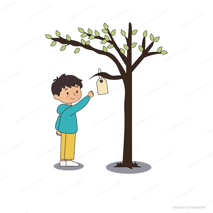 Boy tying a paper wish tag onto a branch of a leafy tree