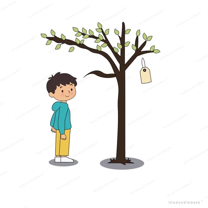 Boy leaning forward to read the wish tags hanging from a young tree