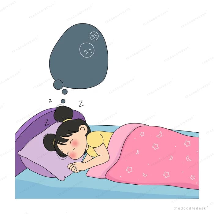 Girl asleep under a pink quilt with a dark sad thought bubble above her