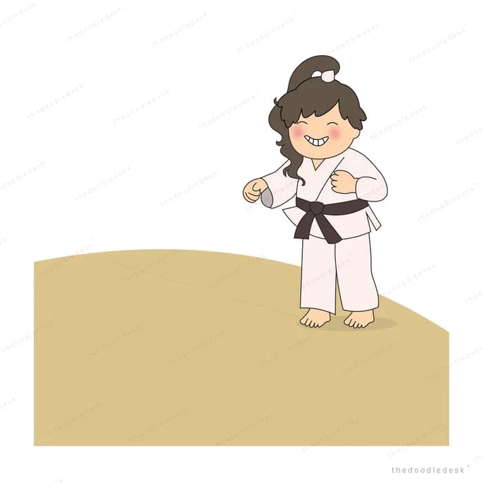 Girl in a white karate uniform with a black belt standing on a sand dune