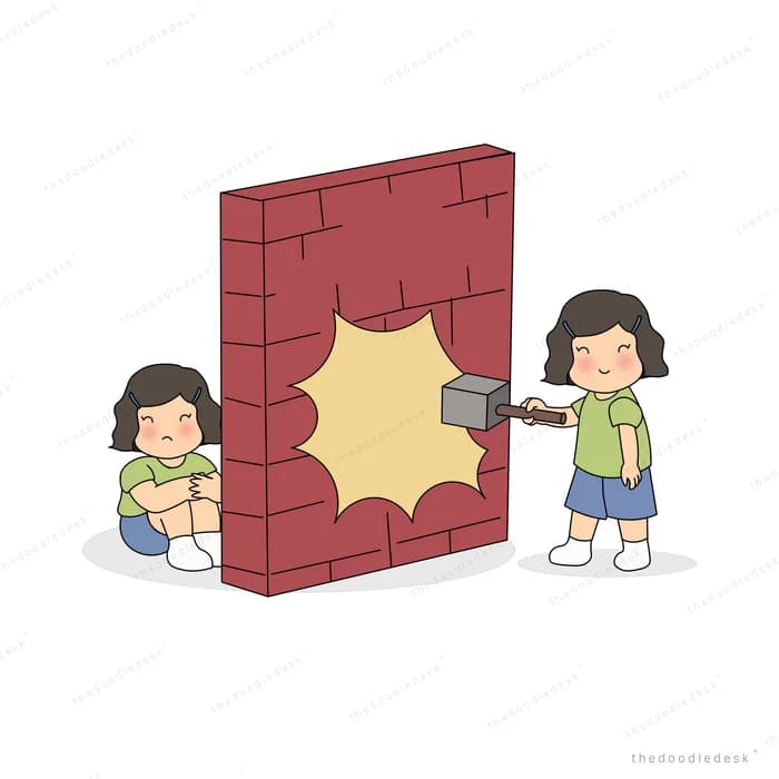 Two children swinging hammers to smash a red brick wall between them