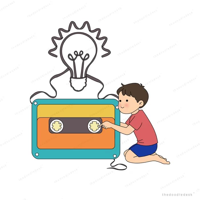 Boy winding a giant cassette tape as a light bulb doodle rises from it