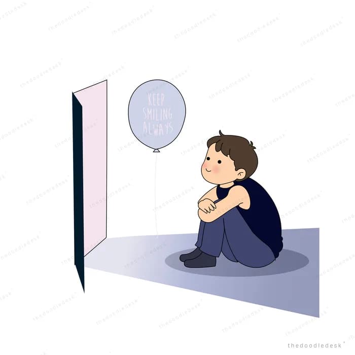 Boy hugging his knees while a grey balloon floats through the open door