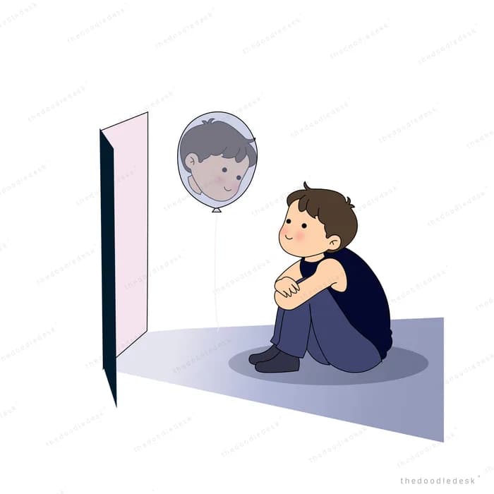 Boy looking up at a balloon that carries a reflection of his own face