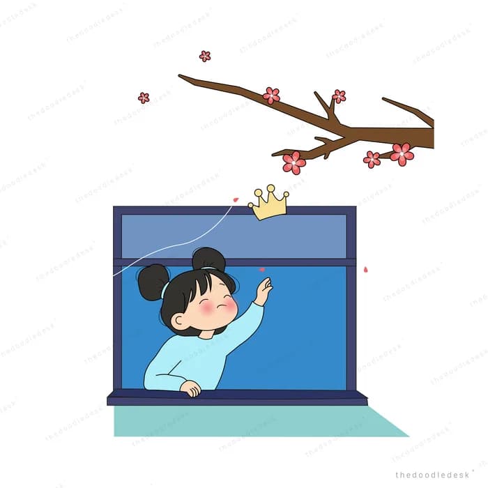 Girl leaning out of a laptop screen reaching for a small crown near a blossom branch