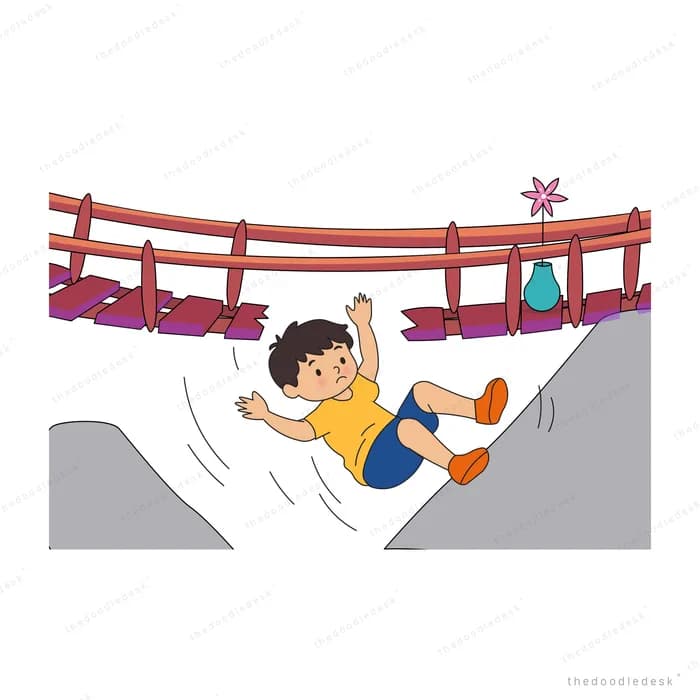 Boy slipping off a broken rope bridge between two cliffs