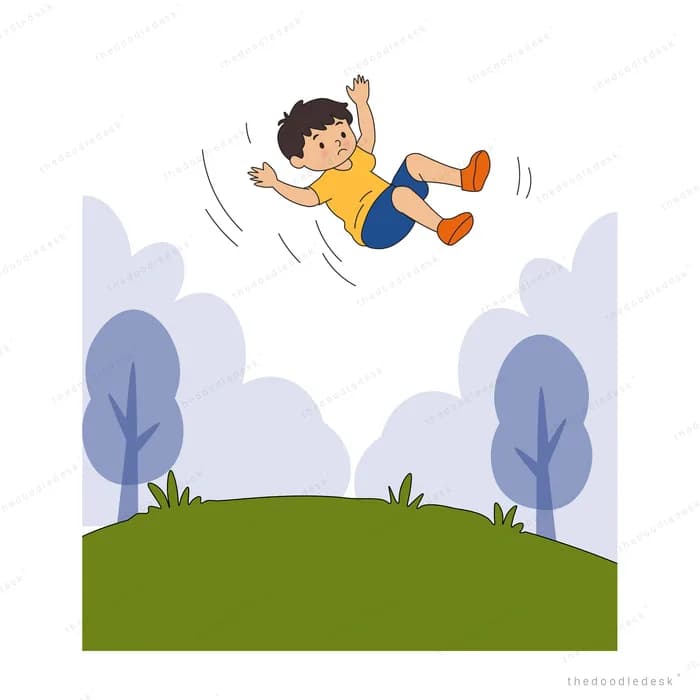 Boy tumbling through the air above a green hill with pale trees