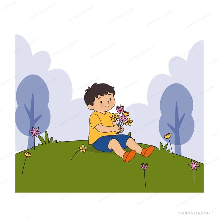 Boy sitting on a giant green leaf holding flowers among pale blue trees