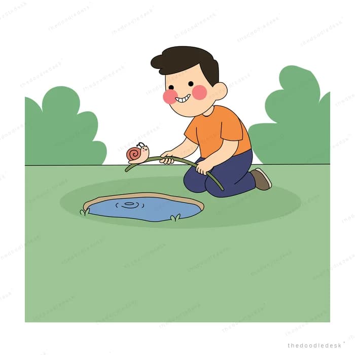 Boy kneeling beside a small pond on a green lawn holding a tiny creature