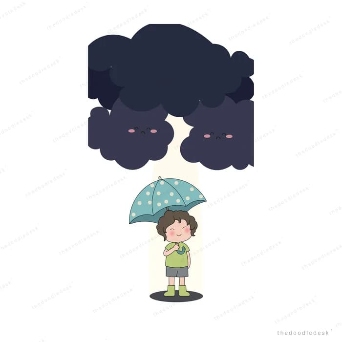 Small child holding a patterned umbrella under an enormous dark storm cloud