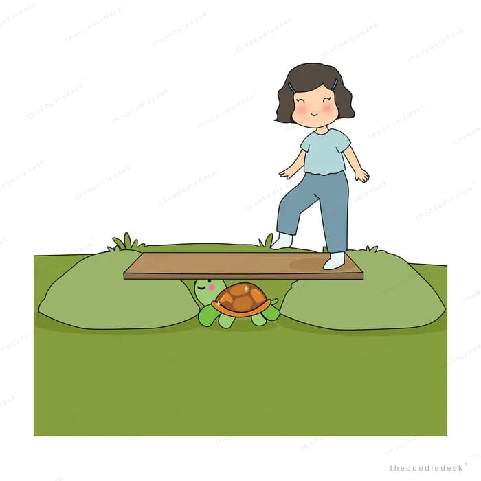 Girl walking a plank across a green pond with a turtle beneath it