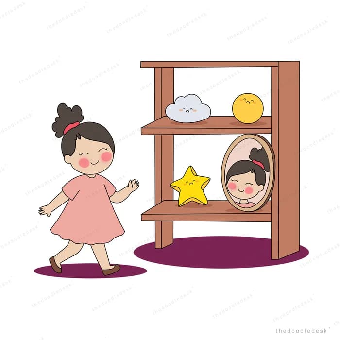 Girl in a pink dress reaching toward a shelf holding a cloud, sun, star and mirror
