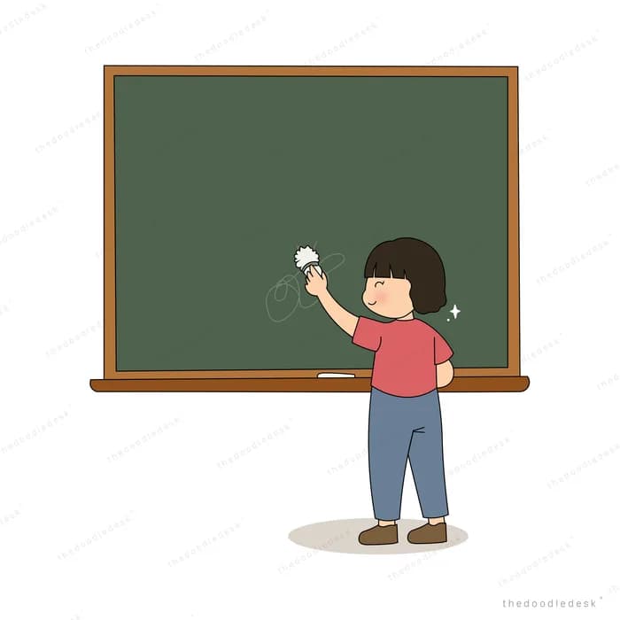Girl standing at a large brown chalkboard writing with chalk