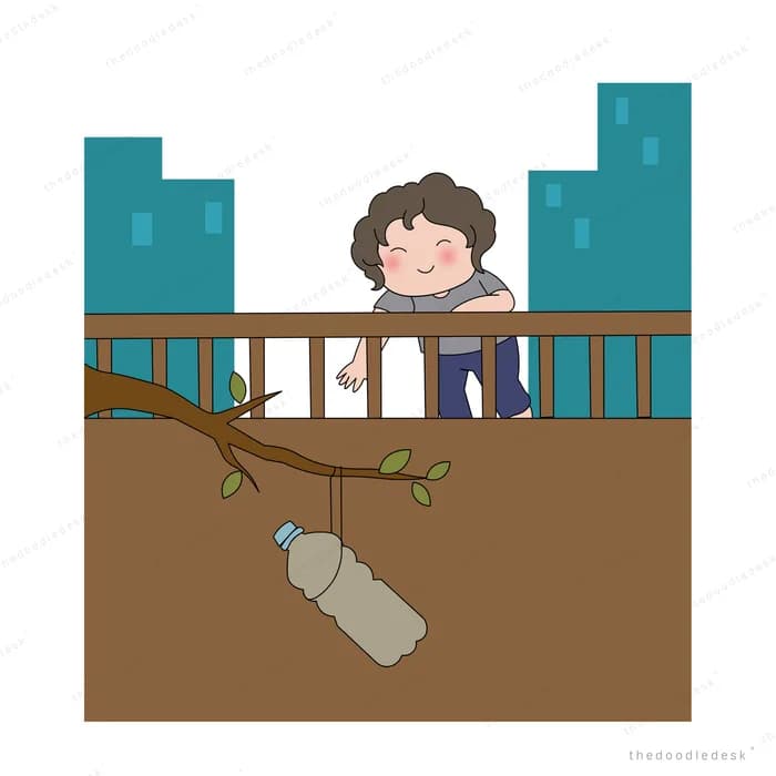 Person leaning over a balcony railing dropping a bottle and rubbish onto the street