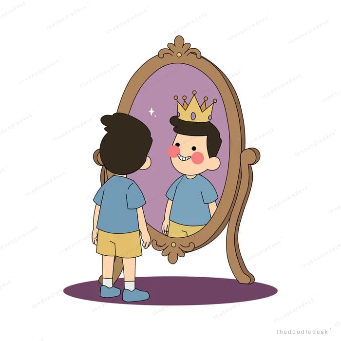 Boy seeing himself wearing a golden crown in an ornate standing mirror