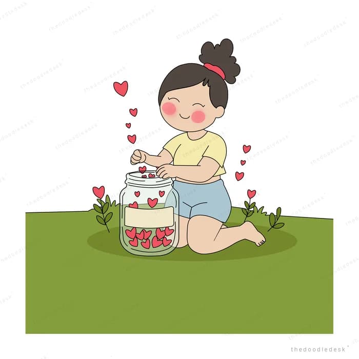 Boy kneeling on grass filling a glass jar with strawberries as hearts rise