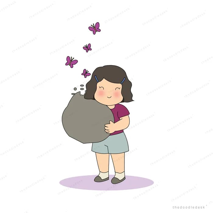 Child hugging a large grey sack while butterflies rise from it