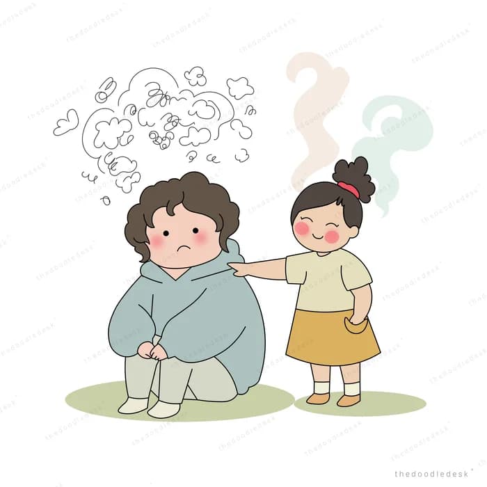 Girl resting a hand on a seated boy's shoulder as dark scribbles above turn pale