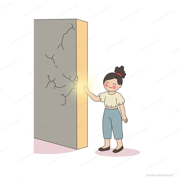 Child pushing open a cracked grey door that spills warm light from its edge