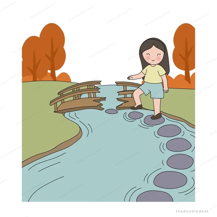 Girl standing at the end of a wooden bridge and stepping stones over a stream