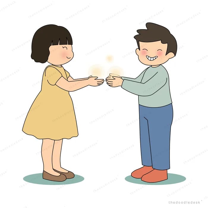 Woman and man passing a small glowing spark between their cupped hands