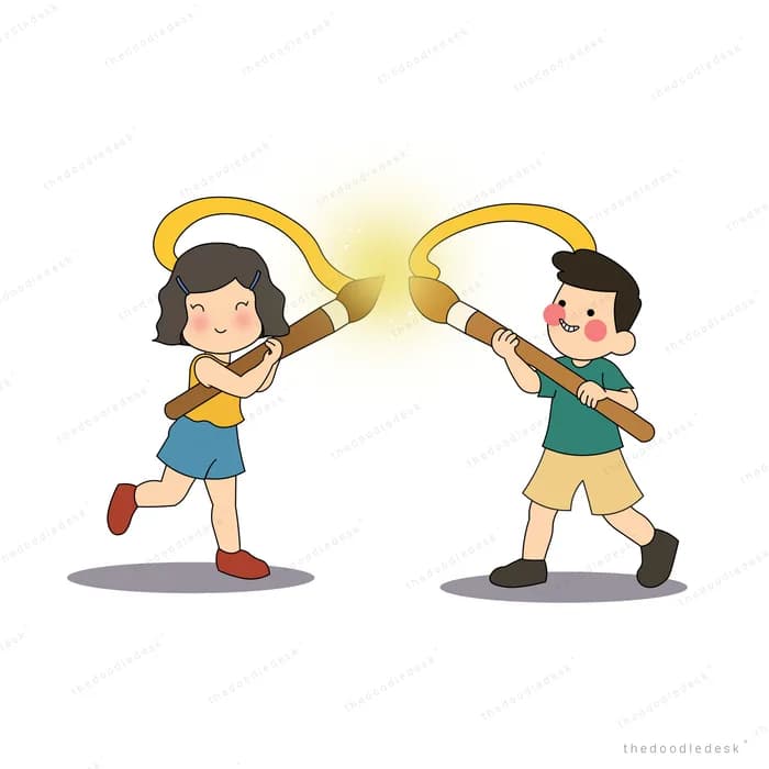 Two children crossing glowing wooden staffs in a mock duel