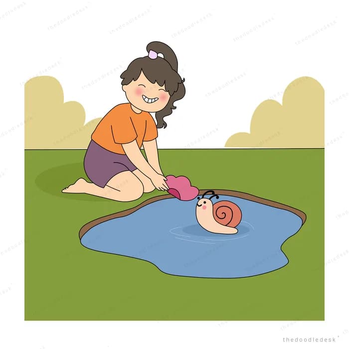 Woman kneeling at the edge of a pond reaching for a child in the water