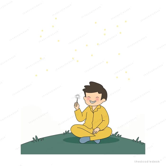 Boy in a yellow tracksuit sitting on grass holding a tiny object