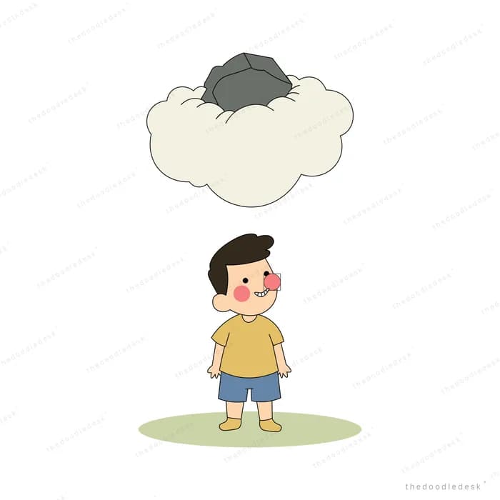 Small boy on grass looking up at a cloud carrying a dark hat shape