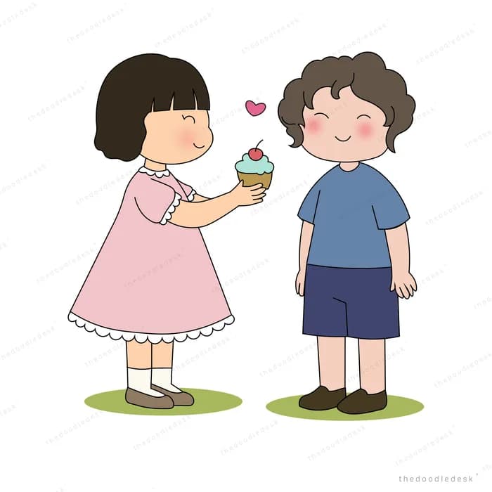 Girl in a pink dress offering a cupcake to a boy with a heart between them