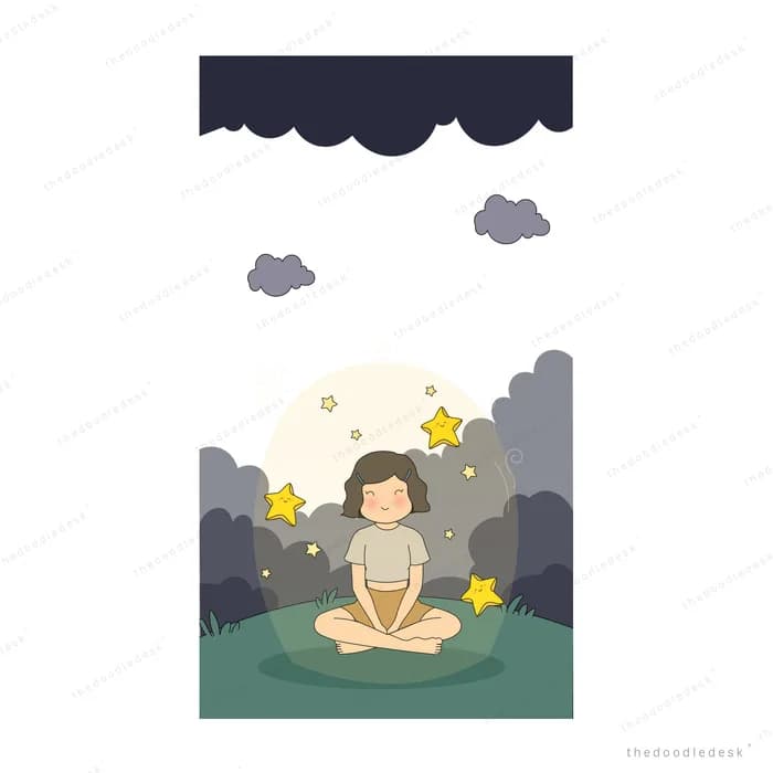 Girl sitting cross-legged among glowing stars beneath a dark sky