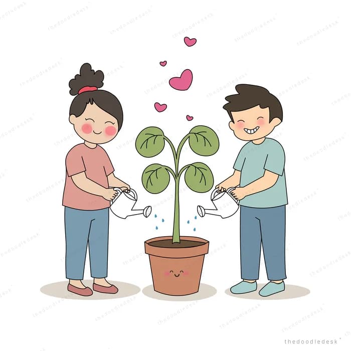 Couple watering a potted plant together with hearts rising above it