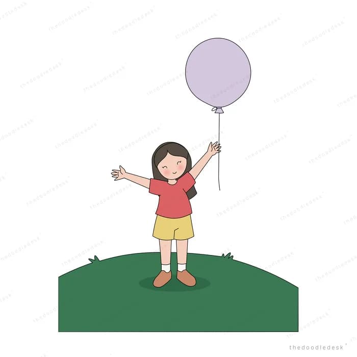 Girl on a green hill holding a purple balloon on a string