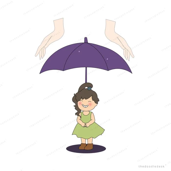 Girl standing under a purple umbrella held over her by two large hands