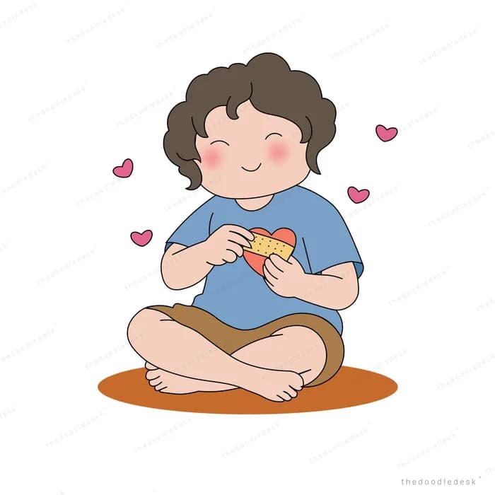Boy sitting cross-legged unwrapping a heart-shaped treat with hearts around him