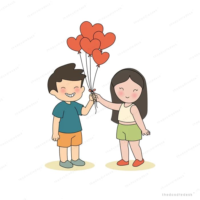 Boy handing a bunch of red heart balloons to a girl