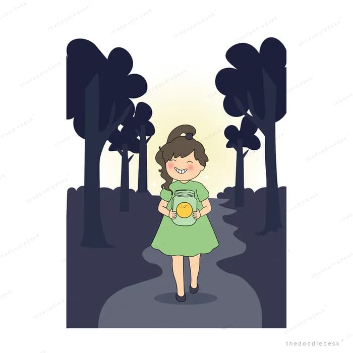 Girl in a green dress carrying a lantern along a dark forest path