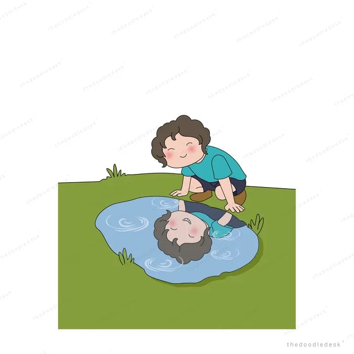 Boy kneeling at the edge of a puddle looking at his own reflection