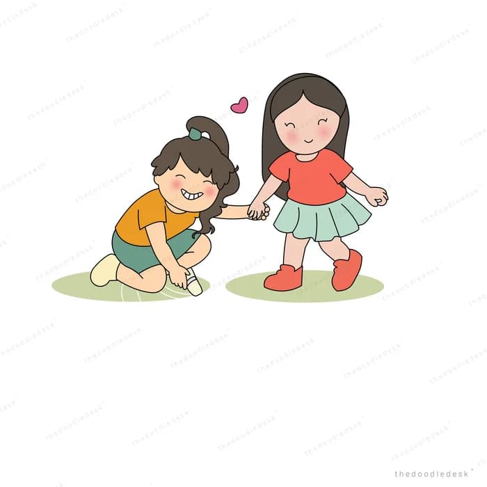 Girl handing a twig to a boy kneeling on the grass
