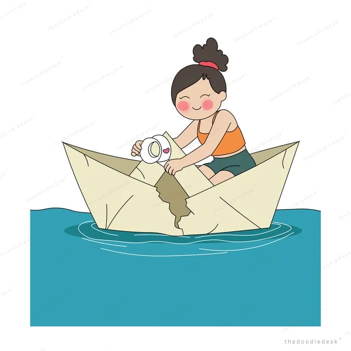 Two children sitting in a paper boat whose hull is tearing on the water