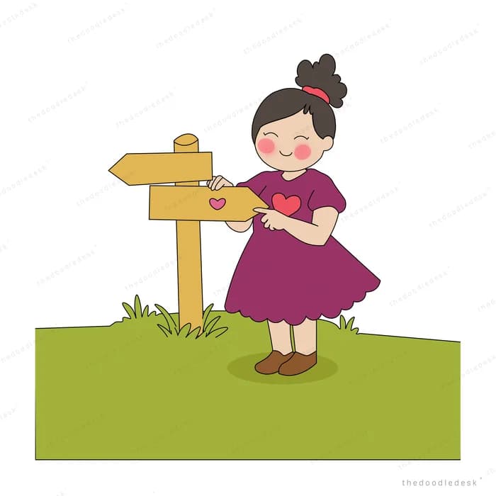 Caped child on a hilltop holding a red heart beside a wooden signpost