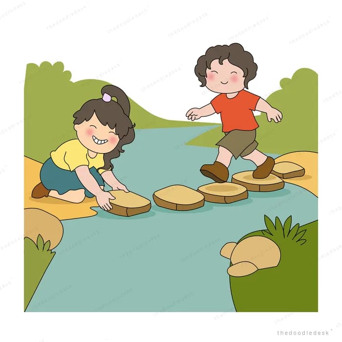Two children crossing stepping stones over a stream, one steadying the other