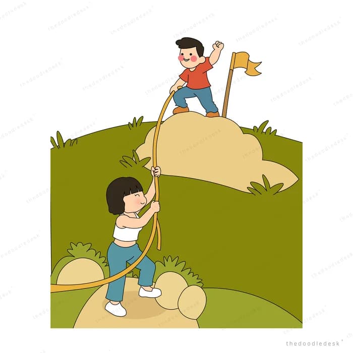 Boy at a hilltop flag pulling a girl up the slope with a rope
