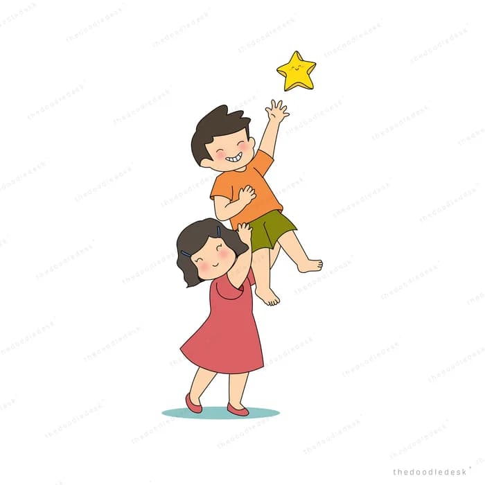 Girl carrying a boy on her shoulders so he can grab a yellow star
