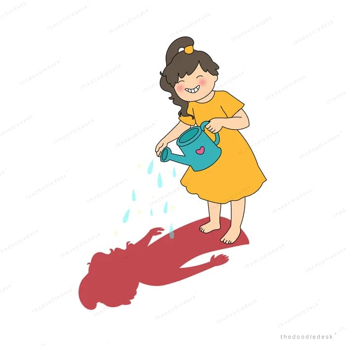 Girl in a yellow dress pouring a watering can over a red splash on the ground