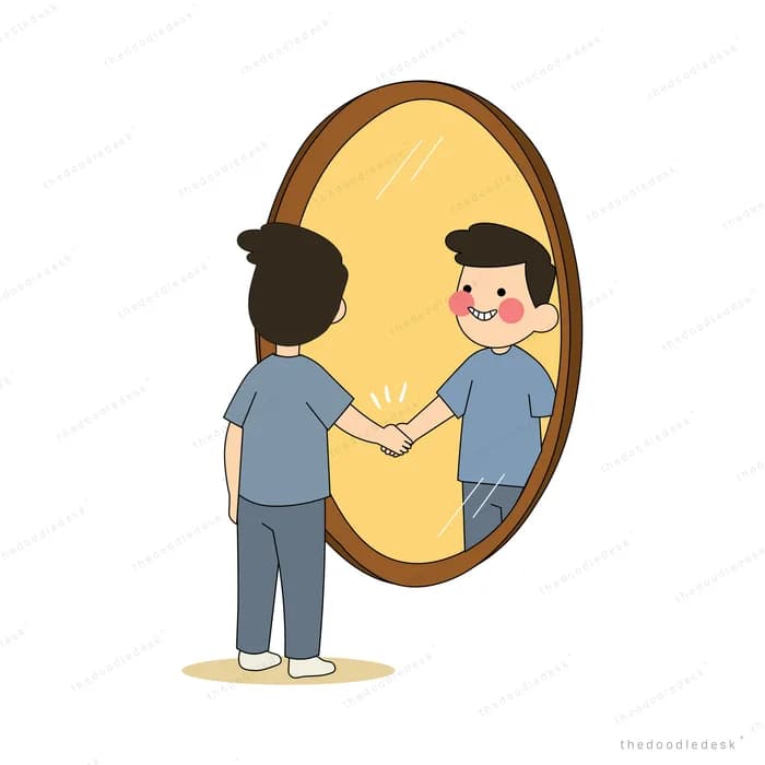 Man shaking hands with his own smiling reflection in an oval mirror