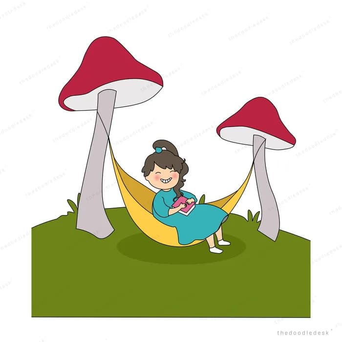 Girl lying in a hammock slung between two giant red mushrooms